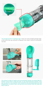 Portable cat and dog water bottle, food feeder, drinking fountain, 3 in 1 poop dispenser, leak proof,