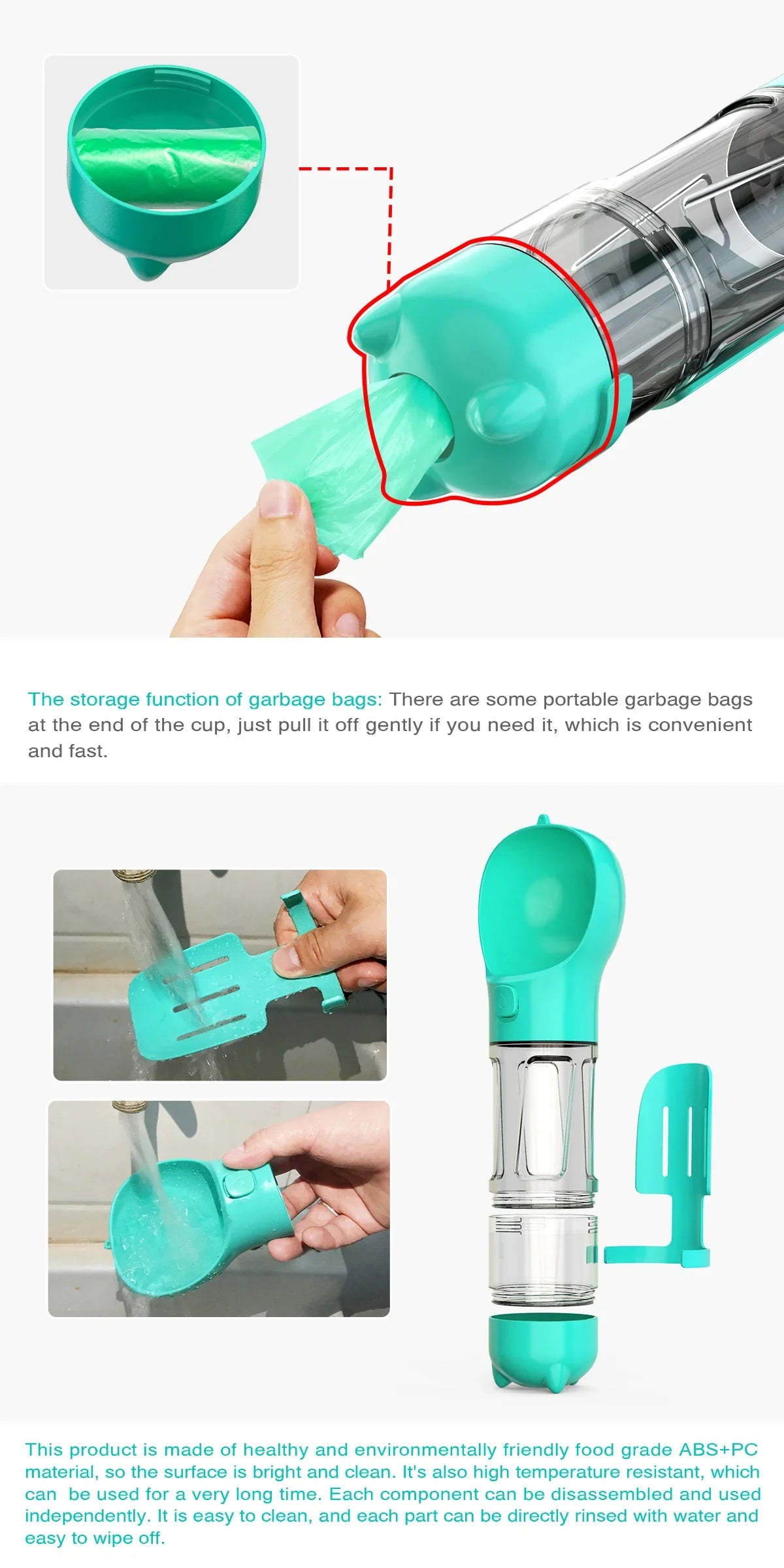 Portable cat and dog water bottle, food feeder, drinking fountain, 3 in 1 poop dispenser, leak proof,