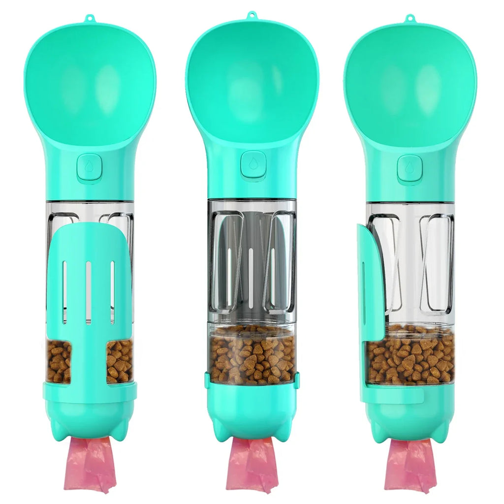 Portable cat and dog water bottle, food feeder, drinking fountain, 3 in 1 poop dispenser, leak proof,