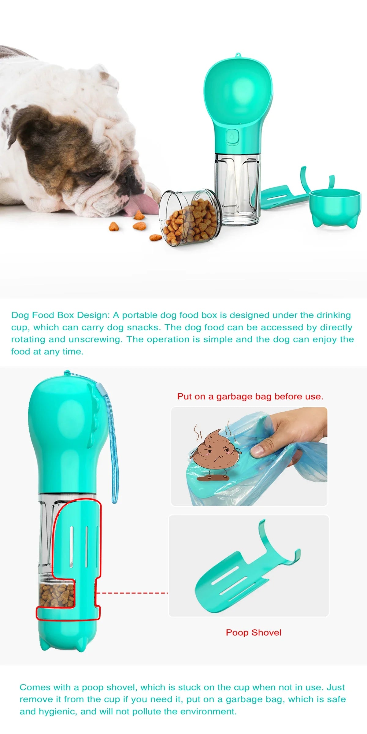 Portable cat and dog water bottle, food feeder, drinking fountain, 3 in 1 poop dispenser, leak proof,