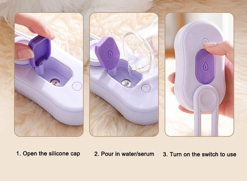 Escova Elétrica 3 em 1 com Spray para Pets - Recarregável USB