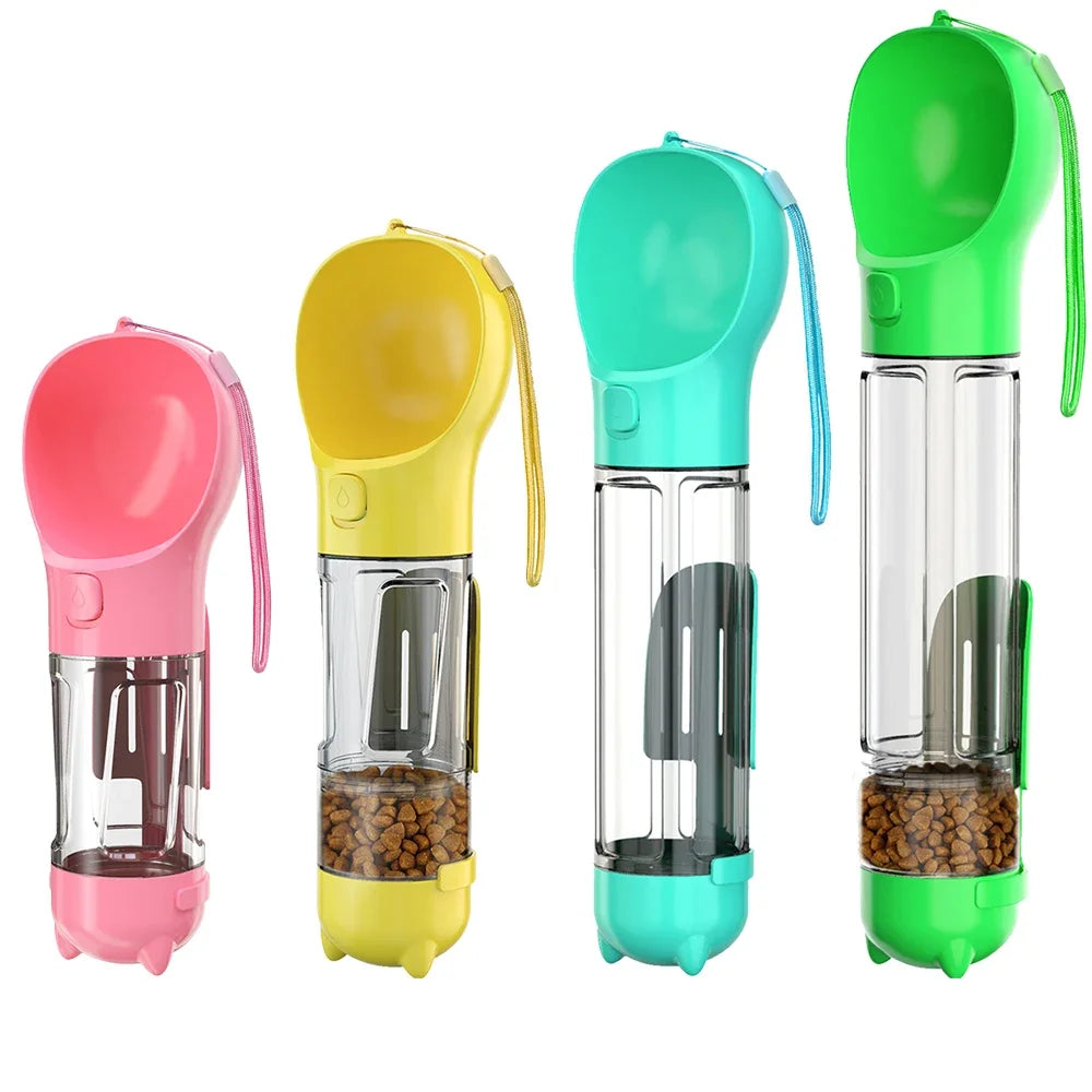 Portable cat and dog water bottle, food feeder, drinking fountain, 3 in 1 poop dispenser, leak proof,