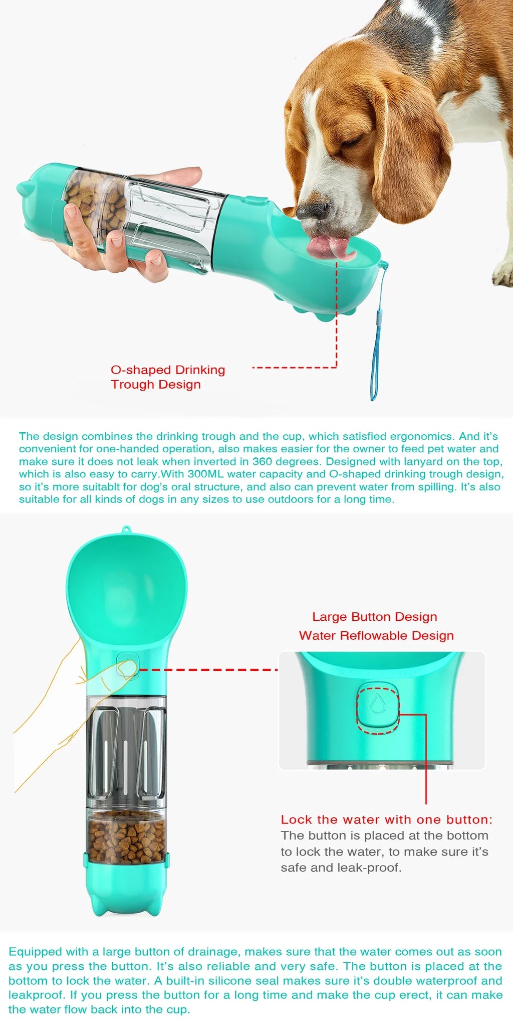 Portable cat and dog water bottle, food feeder, drinking fountain, 3 in 1 poop dispenser, leak proof,